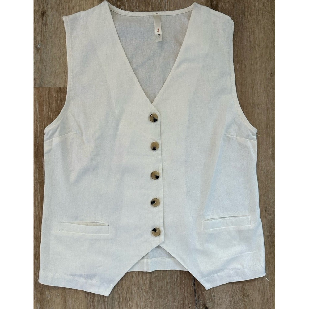 E.C. Ivory Linen Blend Pant Suit Set Vest Pants Womens M Made USA